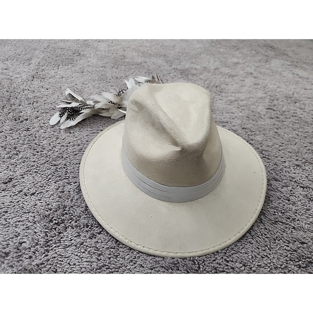 Tuluminati Fedora Hat Women Large Cream White Feather Trim Wide Brim Mexico